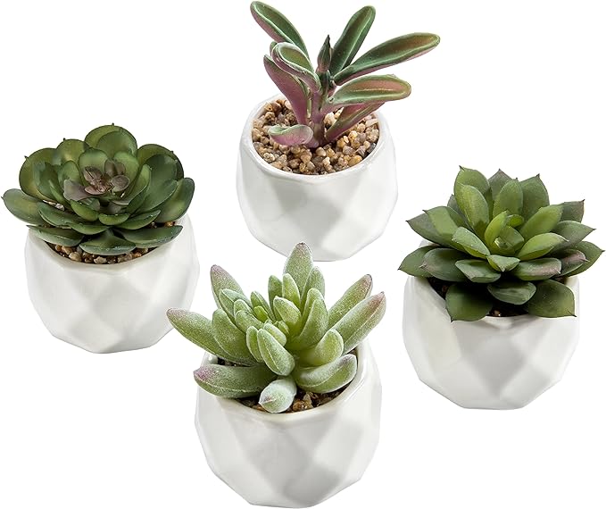 MyGift Miniature Artificial Succulents, Indoor Fake House Plants in Round White Geometric  