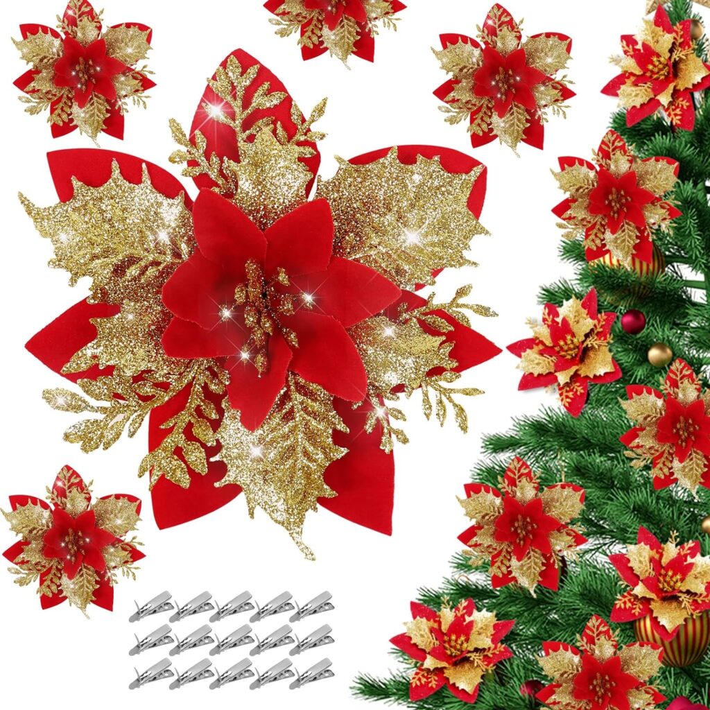 Childom Store 15 PCS Gold Poinsettia Flower Artificial Poinsettia with Clips Christmas Decor.  