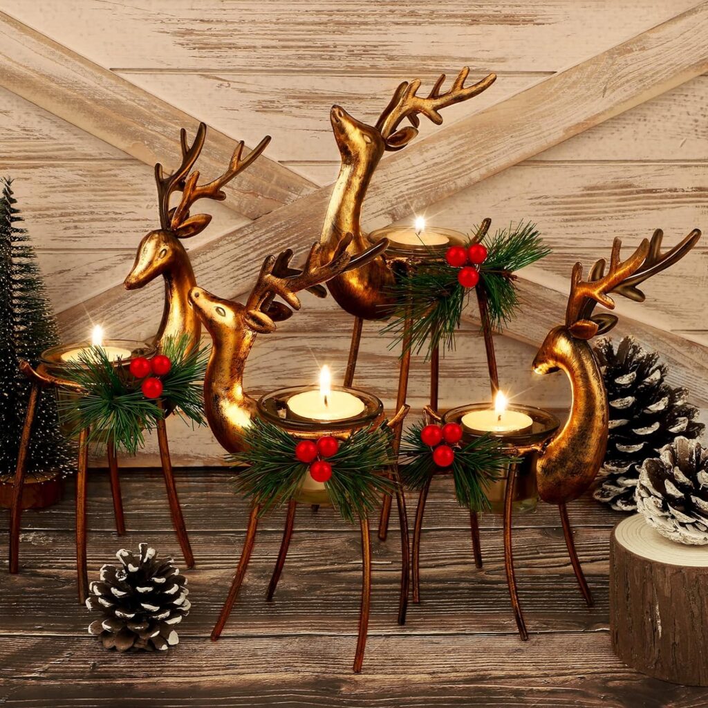 MCEAST 4 Pieces Reindeer Tealight Candle Holders Standing Iron Metal Christmas Decorations  