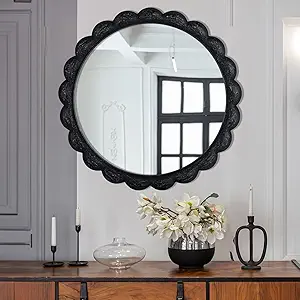 Creative Co-Op Round Scalloped Distressed Wood Wall Mirror