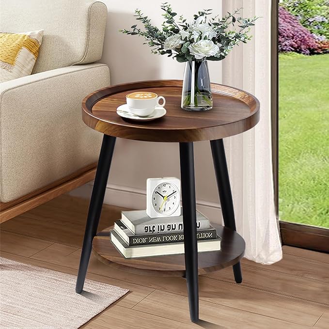 FANTERSI Small Round Side Table, 2-Tier Mid Century Round End Table 