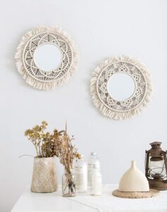 Mkono Hanging Wall Mirror with Macrame Fringe 2 Set Small Round Decoration Boho Antique Mirror