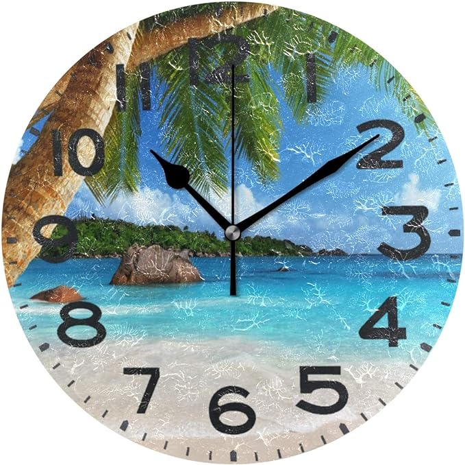 Naanle 3D Beautiful Summer Beach Palm Tree Print Retro Round Decorative Wall Clocks