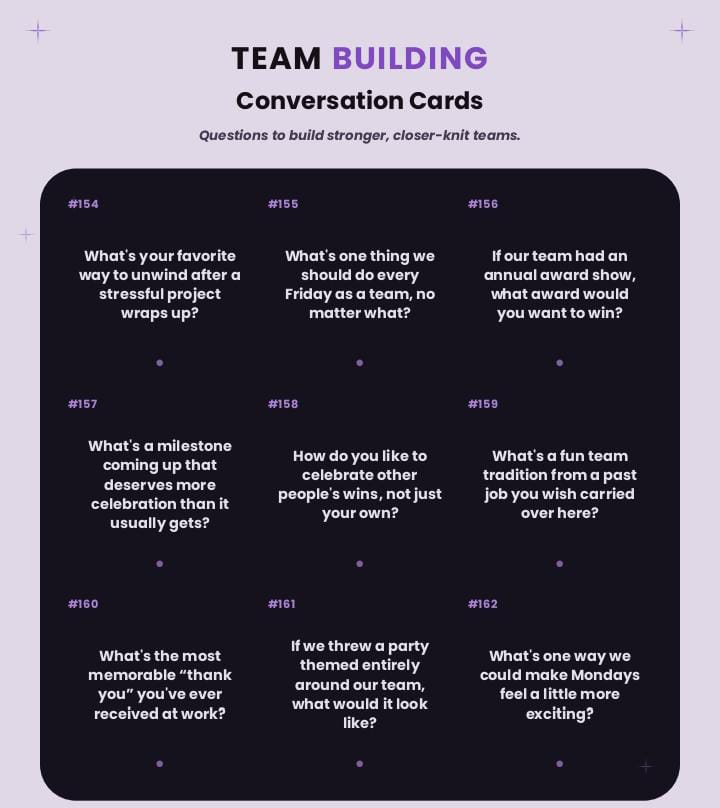 50 Fun Questions for Team Building. 2 team building printable card deck