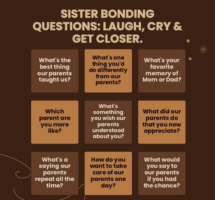 100 Sister Bonding Questions: Laugh, Cry & Get Closer Tonight. 1 100 Sister Bonding Questions: Laugh, Cry & Get Closer Tonight.
