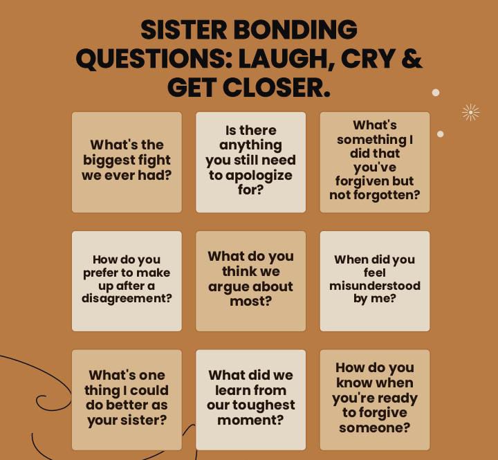 100 Sister Bonding Questions: Laugh, Cry & Get Closer Tonight. 5 100 Sister Bonding Questions: Laugh, Cry & Get Closer Tonight.