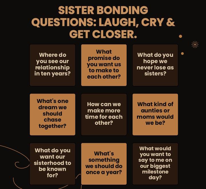 100 Sister Bonding Questions: Laugh, Cry & Get Closer Tonight. 2 100 Sister Bonding Questions: Laugh, Cry & Get Closer Tonight.