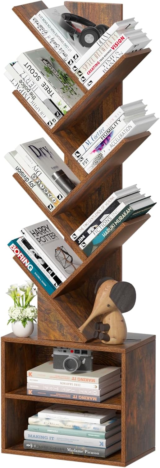 SHEEPAM Store 10 Tier Tree Bookshelf,Floor Standing Wood Tall Bookcase for Narrow Space 1 10 Tier Tree Bookshelf,Floor Standing Wood Tall Bookcase for Narrow Space