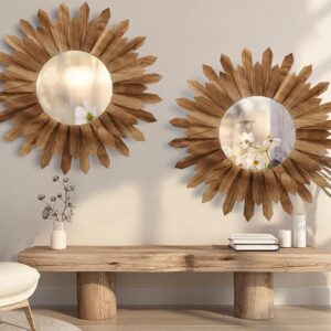 LOSOUR 2 Pack 22 Inch Boho Wall Sunburst Mirror Rustic Round Wood Decorative Mirror