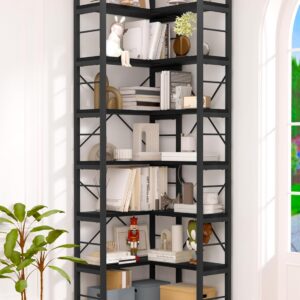 TEROL Store 7-Tier Corner Bookshelf, Reversible Wooden Shelves, Industrial Bookcase with Open Shelves
