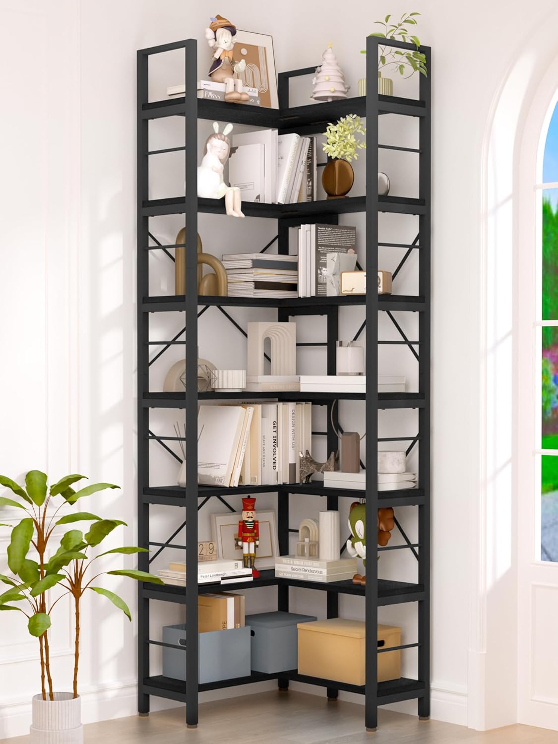 TEROL Store 7-Tier Corner Bookshelf, Reversible Wooden Shelves, Industrial Bookcase with Open Shelves 1 TEROL Store corner bookshelf