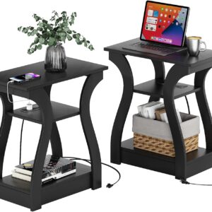 FROMJBEST Black End Table Set of 2 with Charging Station