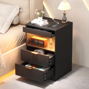 Yusong Night Stand, Bedside Table, LED Nightstand with Charging Station, Modern Night Stand