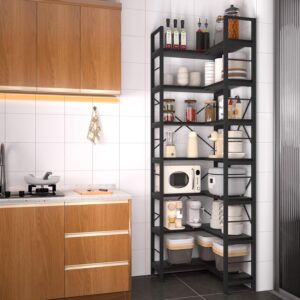 TEROL Store 7-Tier Corner Bookshelf, Reversible Wooden Shelves, Industrial Bookcase with Open Shelves