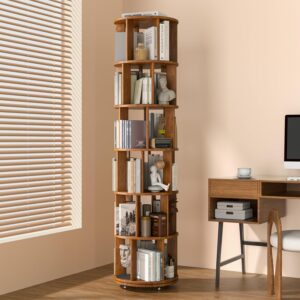 IUVNR store 6 Tier Solid Wood Rotating Bookcase with Wheels, Round Revolving Bookshelf Organizer