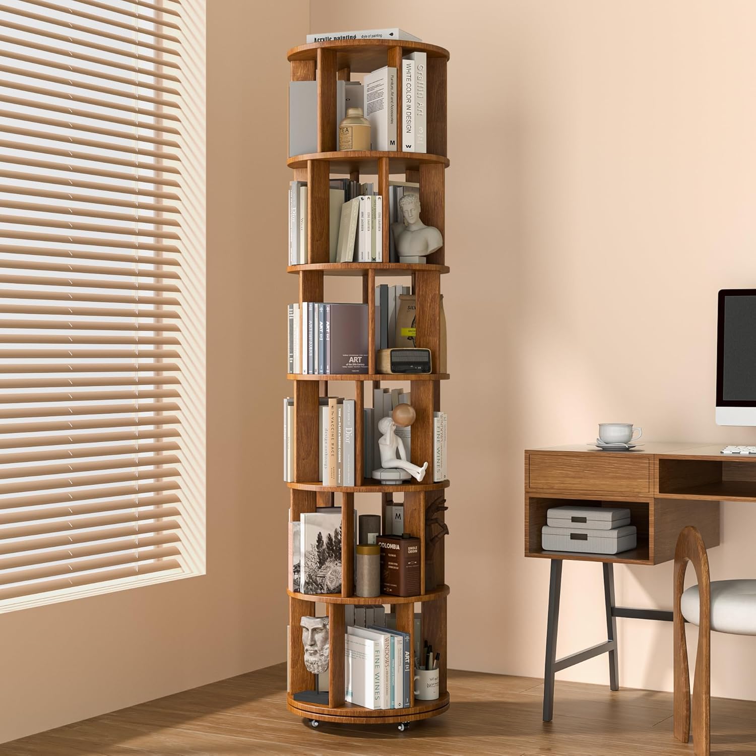 IUVNR store 6 Tier Solid Wood Rotating Bookcase with Wheels, Round Revolving Bookshelf Organizer 4 6 Tier Solid Wood Rotating Bookcase with Wheels, Round Revolving Bookshelf Organizer