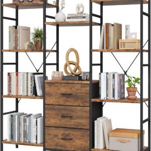 AFLUI Triple Bookshelf with 3 Fabric Drawers, 4-Tier Book Shelf and 10 Display Shelves, Industrial Large Bookcase for Home & Office,