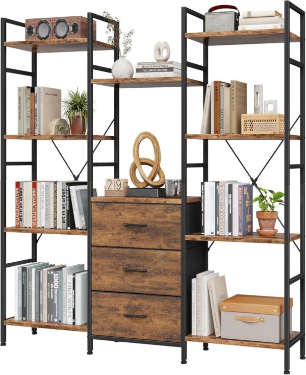 Triple Bookshelf with 3 Fabric Drawers, 4-Tier Book Shelf and 10 Display Shelves, Industrial Large Bookcase for Home & Office,