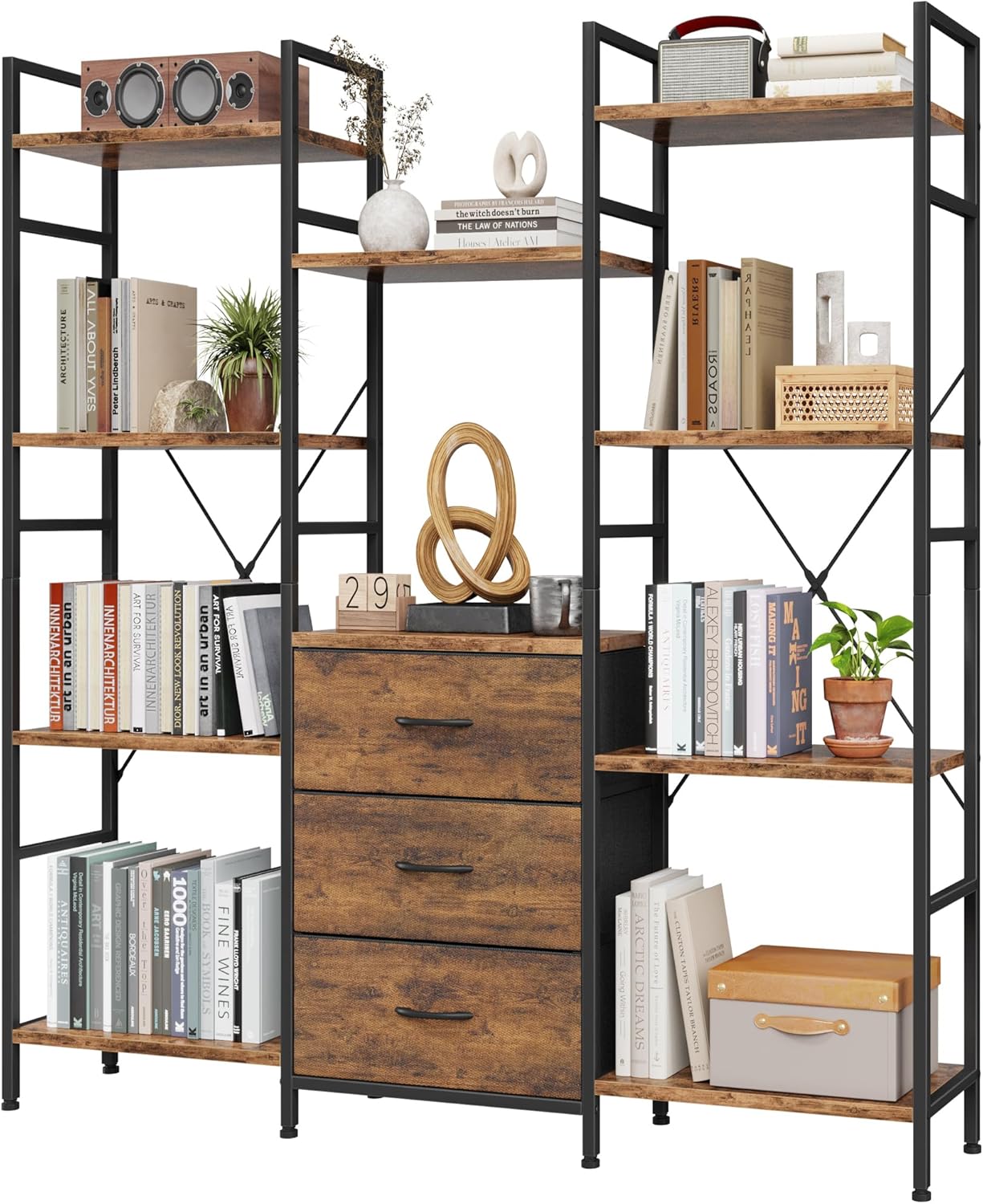 AFLUI Triple Bookshelf with 3 Fabric Drawers, 4-Tier Book Shelf and 10 Display Shelves, Industrial Large Bookcase for Home & Office, 4 Triple Bookshelf with 3 Fabric Drawers, 4-Tier Book Shelf and 10 Display Shelves, Industrial Large Bookcase for Home & Office,