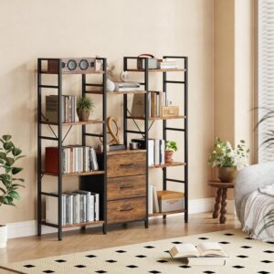 AFLUI Triple Bookshelf with 3 Fabric Drawers, 4-Tier Book Shelf and 10 Display Shelves, Industrial Large Bookcase for Home & Office,