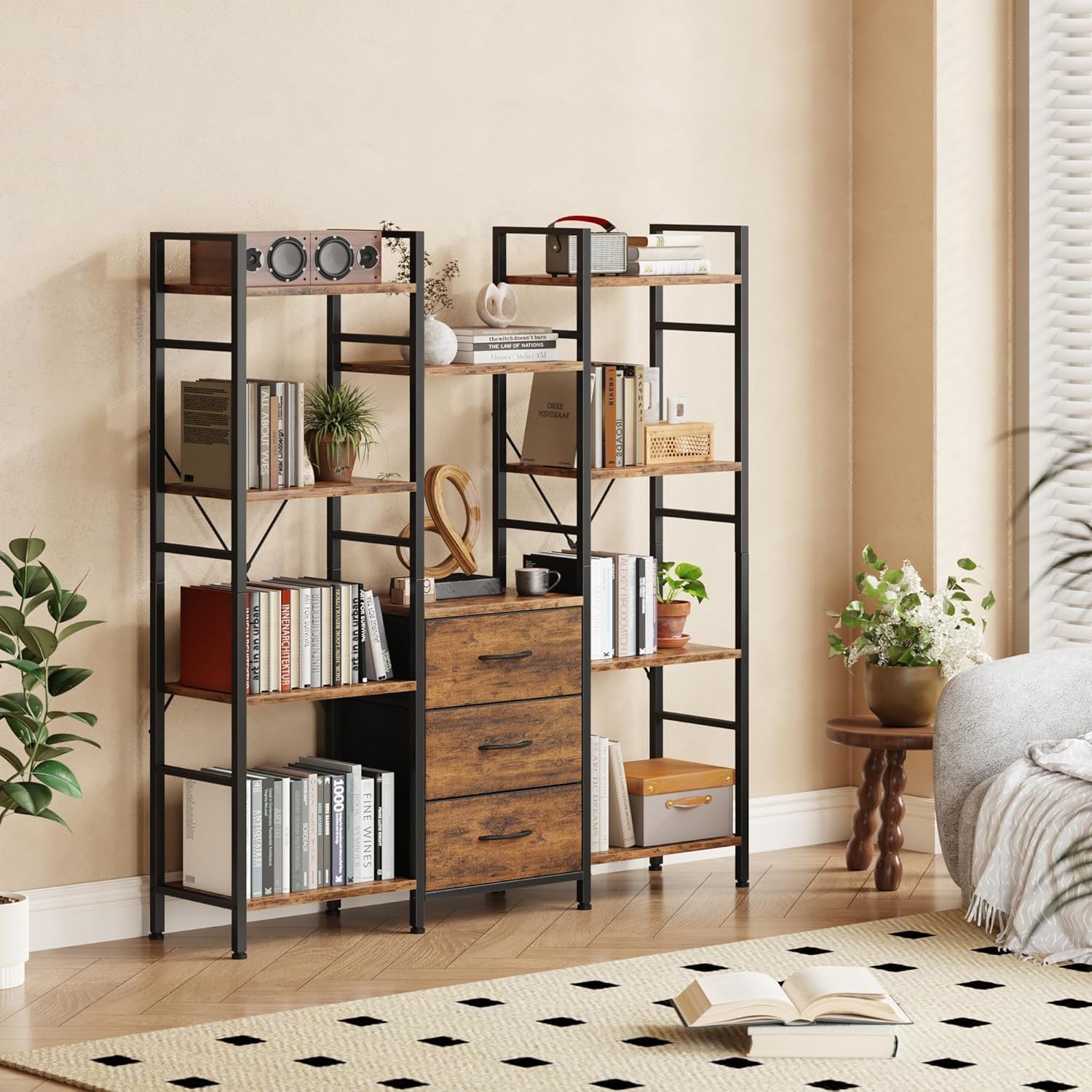 AFLUI Triple Bookshelf with 3 Fabric Drawers, 4-Tier Book Shelf and 10 Display Shelves, Industrial Large Bookcase for Home & Office, 3 Triple Bookshelf with 3 Fabric Drawers, 4-Tier Book Shelf and 10 Display Shelves, Industrial Large Bookcase for Home & Office,