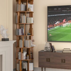IUVNR store 6 Tier Solid Wood Rotating Bookcase with Wheels, Round Revolving Bookshelf Organizer
