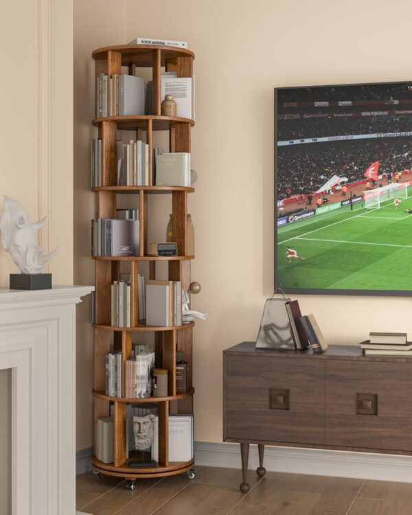 6 Tier Solid Wood Rotating Bookcase with Wheels, Round Revolving Bookshelf Organizer