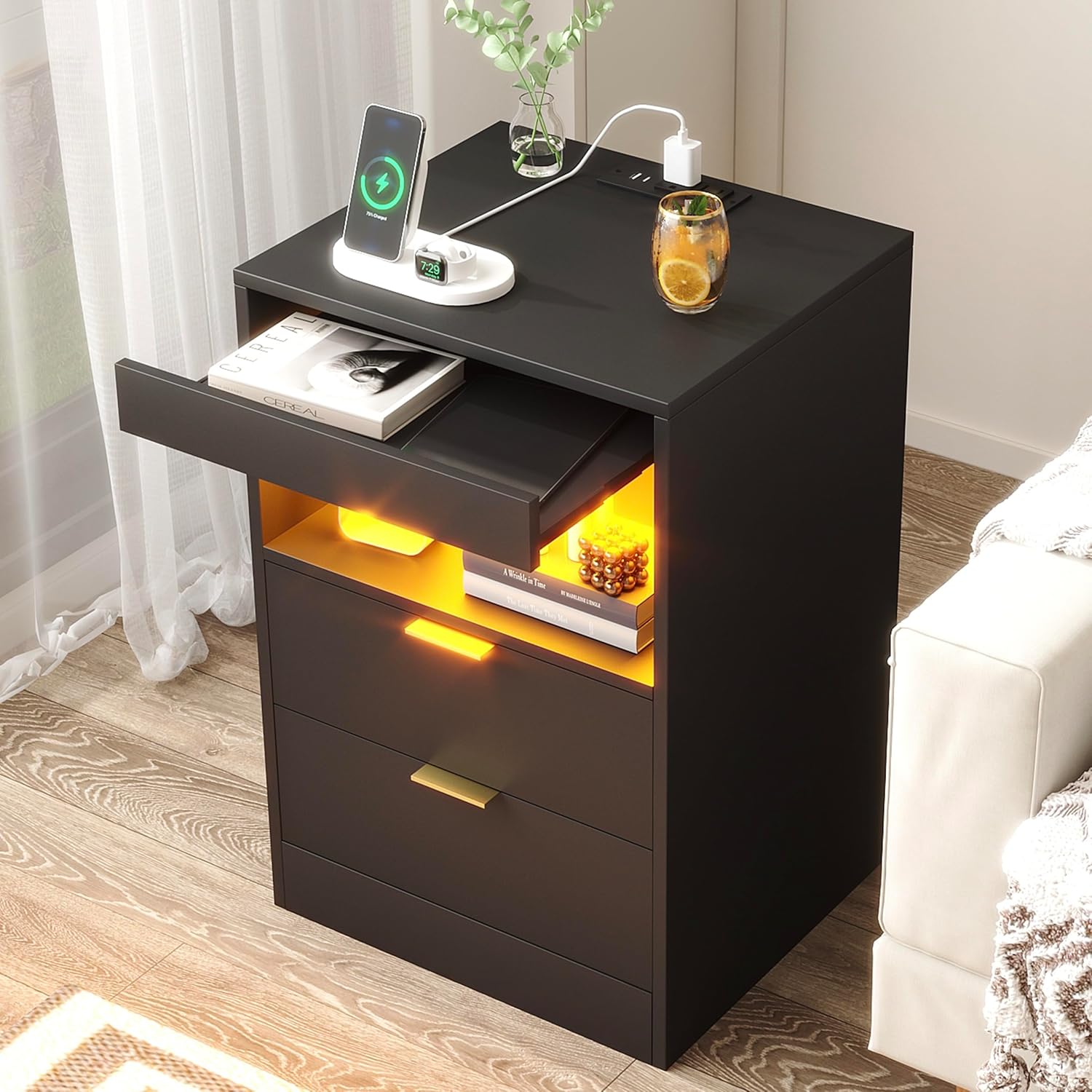 Yusong Night Stand, Bedside Table, LED Nightstand with Charging Station, Modern Night Stand 3 Yusong Night Stand, Bedside Table, LED Nightstand with Charging Station, Modern Night Stand