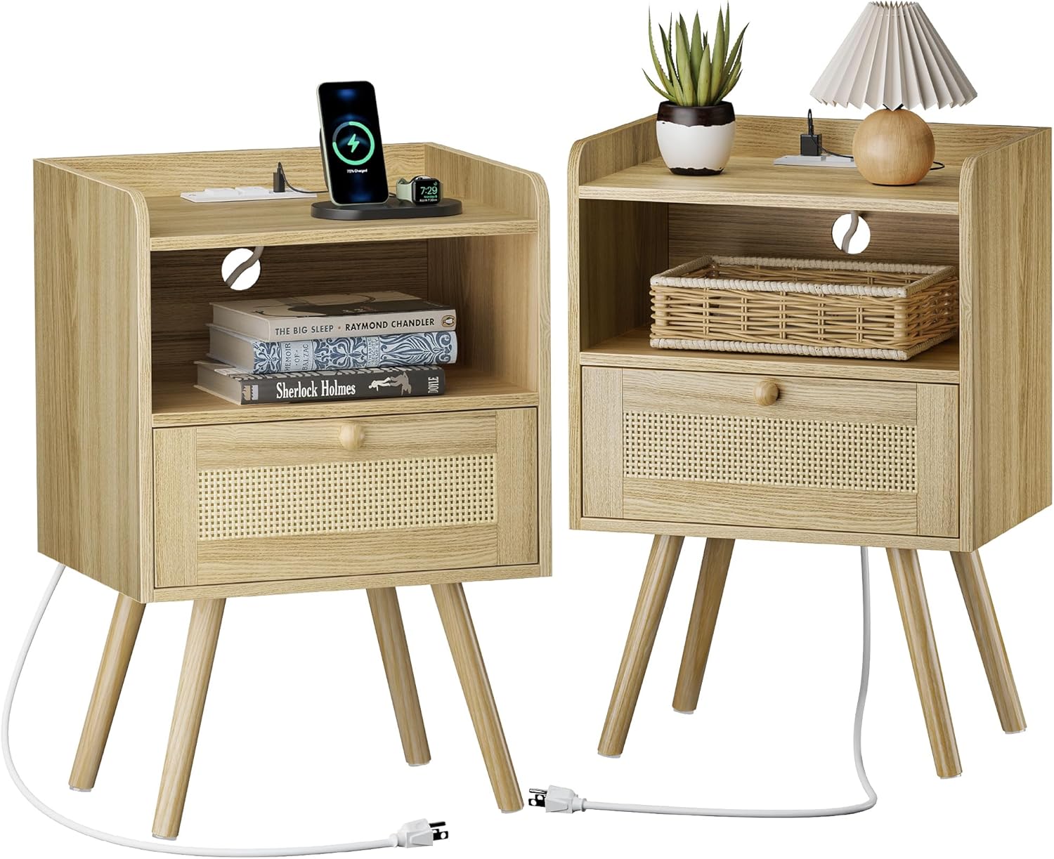 SUPERJARE Nightstands Set of 2, Night Stands with Charging Station