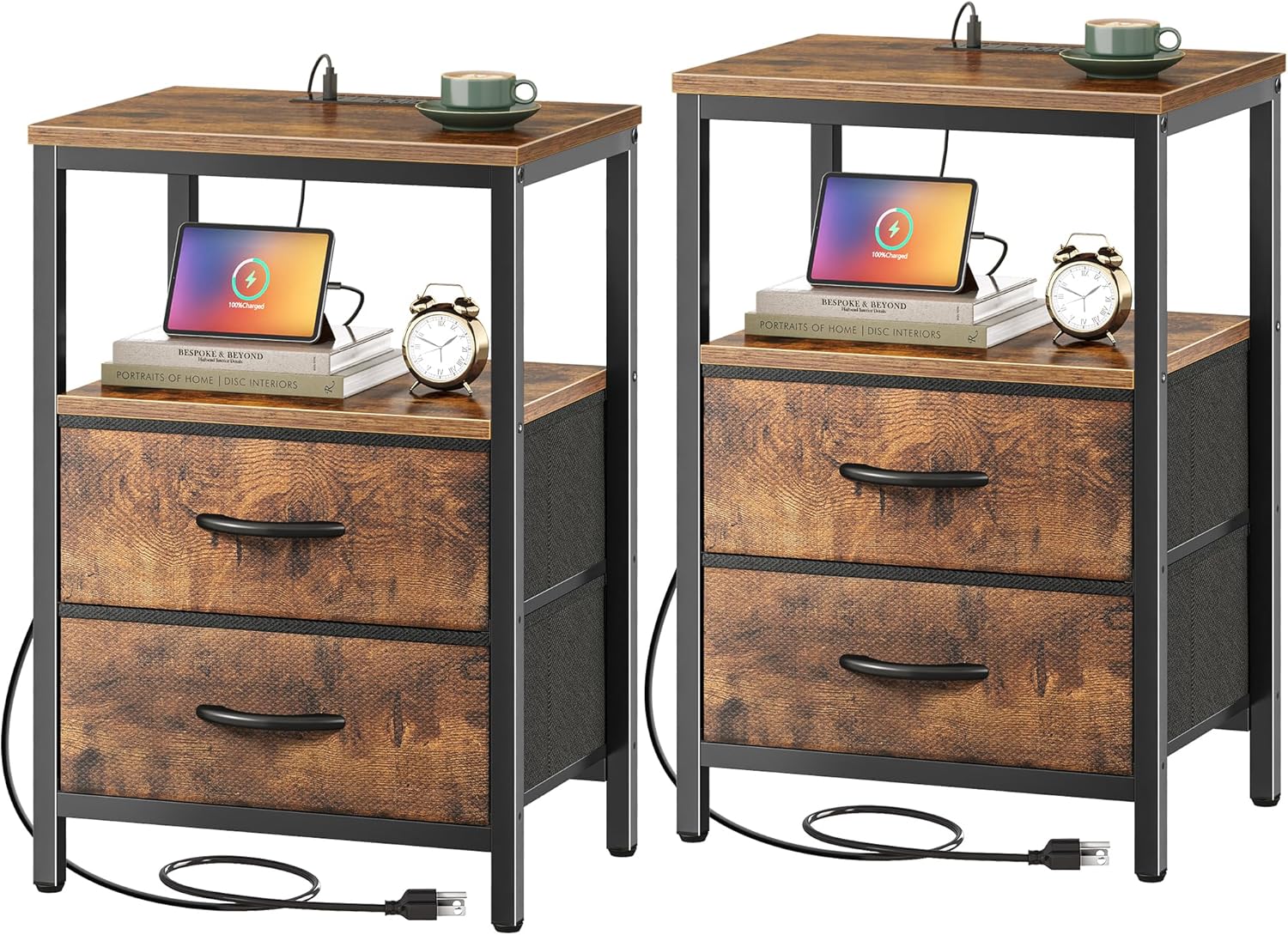 Huuger Nightstands Set of 2, End Tables with Charging Station 2 Huuger Nightstands Set of 2, End Tables with Charging Station