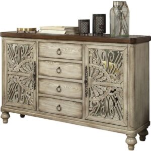 Acme Vermont 4-Drawer Wooden Console Table with 2 Door in Antique White