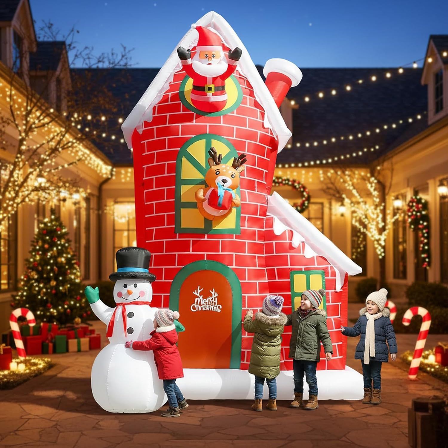 12FT Christmas Inflatable Outdoor Decoration, Huge Christmas Castle with Santa Snowman and Reindeer with Built-in LED Lights, Giant Blow Up House with Chimney for Xmas Decor Lawn, Yard, Party