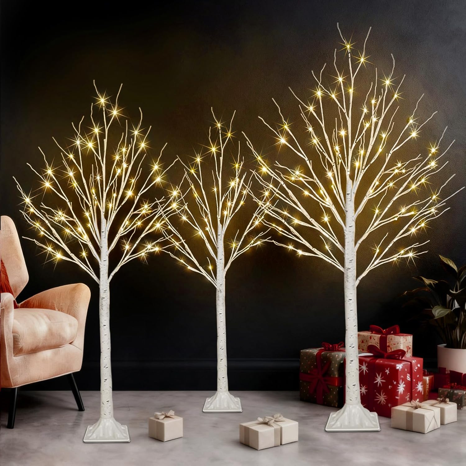 Set of 3 Lighted Birch Tree 4FT 5FT and 6FT, Higher Size, Timer Function Birch Christmas Tree with 144 LED Warm White Lights for Indoor Christmas Decorations Outdoor Yard Garden