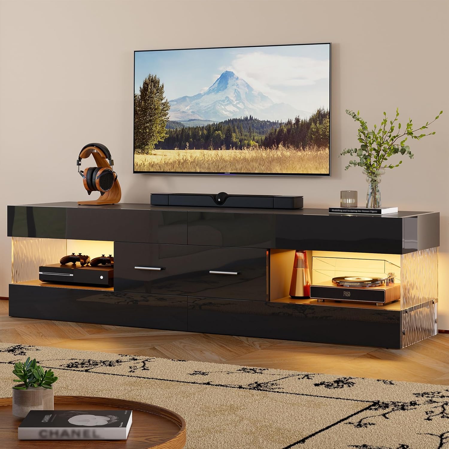 Bestier TV Stand for 55/60/65 Inch TV, High Gloss Modern TV Stand with Stone-Patterned Side Panels