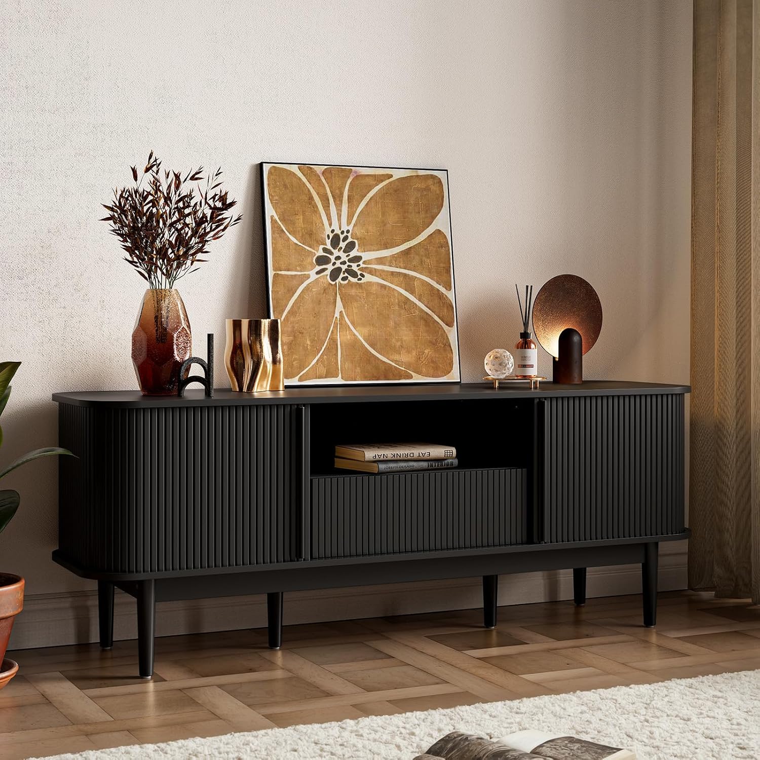 MAISONARIA 63" Black TV Stand, Fluted Entertainment Center for TVs up to 70'' 3 MAISONARIA 63" Black TV Stand, Fluted Entertainment Center for TVs up to 70''