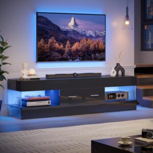 Bestier TV Stand for 55/60/65 Inch TV, High Gloss Modern TV Stand with Stone-Patterned Side Panels