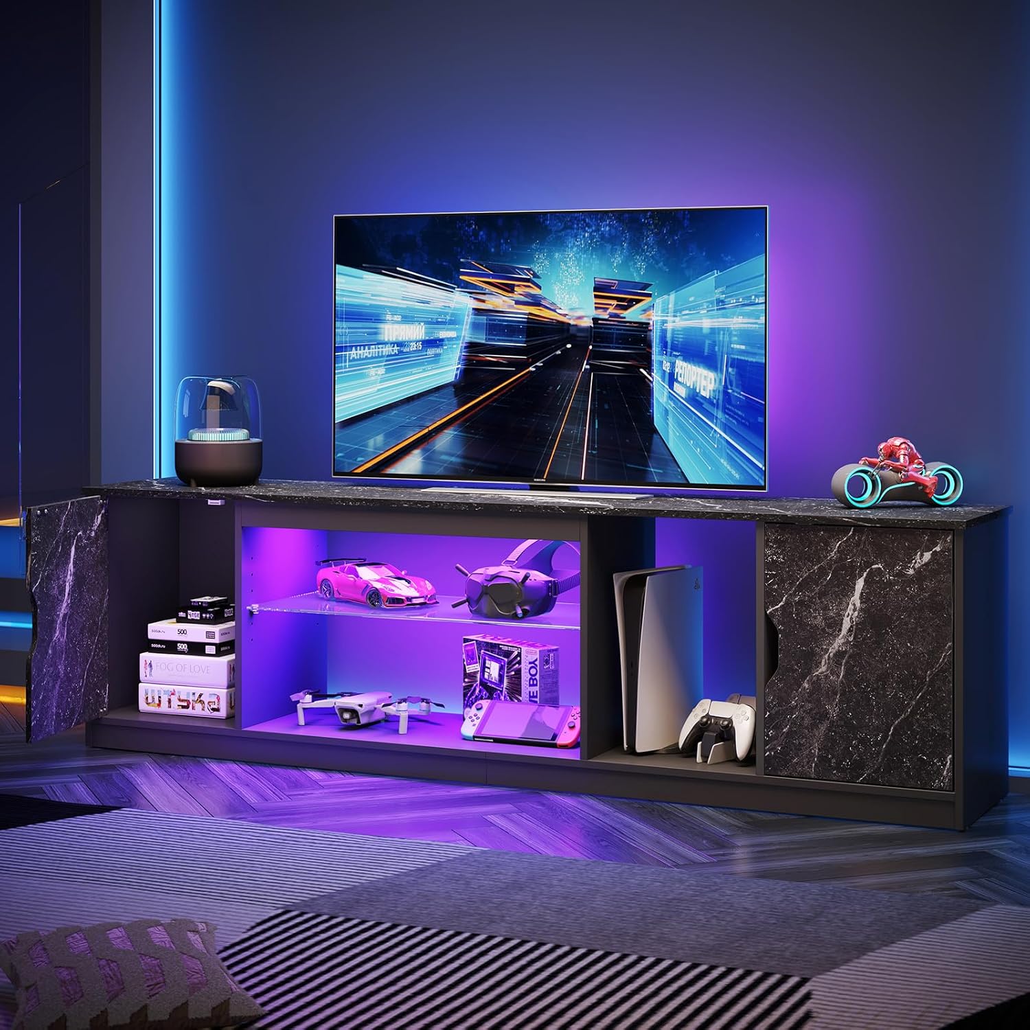 Bestier LED TV Stand for 65/70/75/80 Inch TV, 70 inch Gaming Entertainment Center with Adjustable Glass Shelves & Storage Cabinet 5 Bestier LED TV Stand for 65/70/75/80 Inch TV, 70 inch Gaming Entertainment Center with Adjustable Glass Shelves & Storage Cabinet