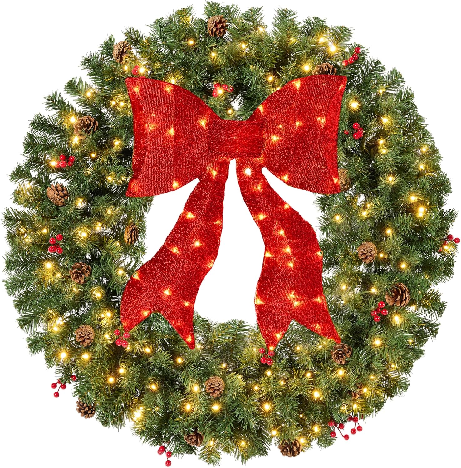 Best Choice Products 48in Pre-Lit Christmas Wreath w/Berries & Pinecones, Large Artificial Indoor/Outdoor Decor for Door