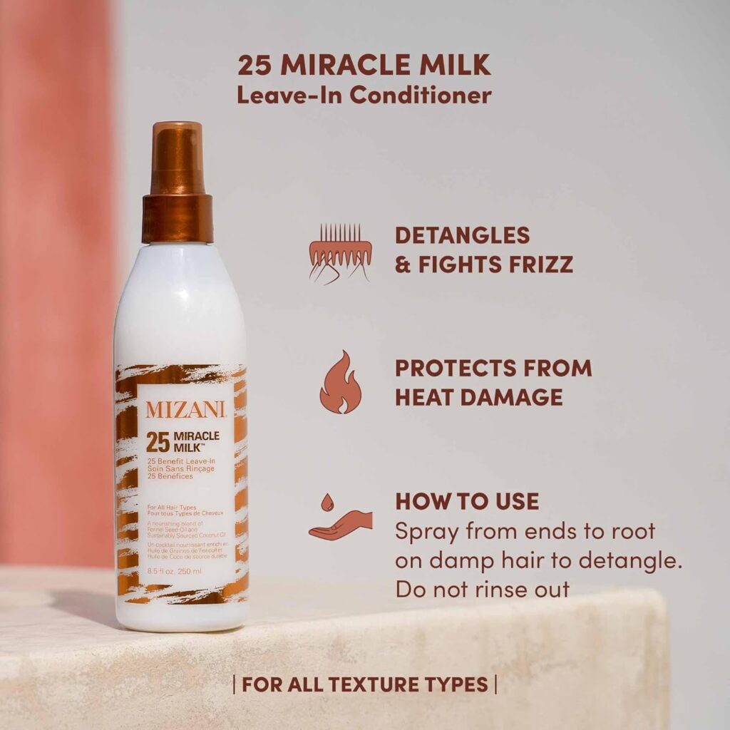 About 10 Mizani 25 Benefit Miracle Milk - Leave in Conditioner for Curly Hair, With Coconut Oil, Curl Detangler Spray, Anti Frizz Heat Protectant, No Drying Alcohols, Paraben-Free
