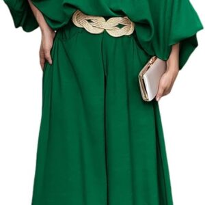 CHICME Women Summer 2 Piece Outfits Off Shoulder Lantern Sleeve Top Flowy Wide Leg Pants Set