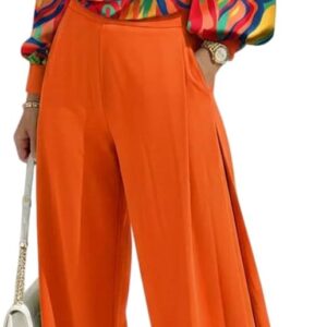 CHICME Women's 2 Pieces Outfit Abstract Print Cowl Neck Lantern Sleeve Crop Top and Wide Leg Pants Set