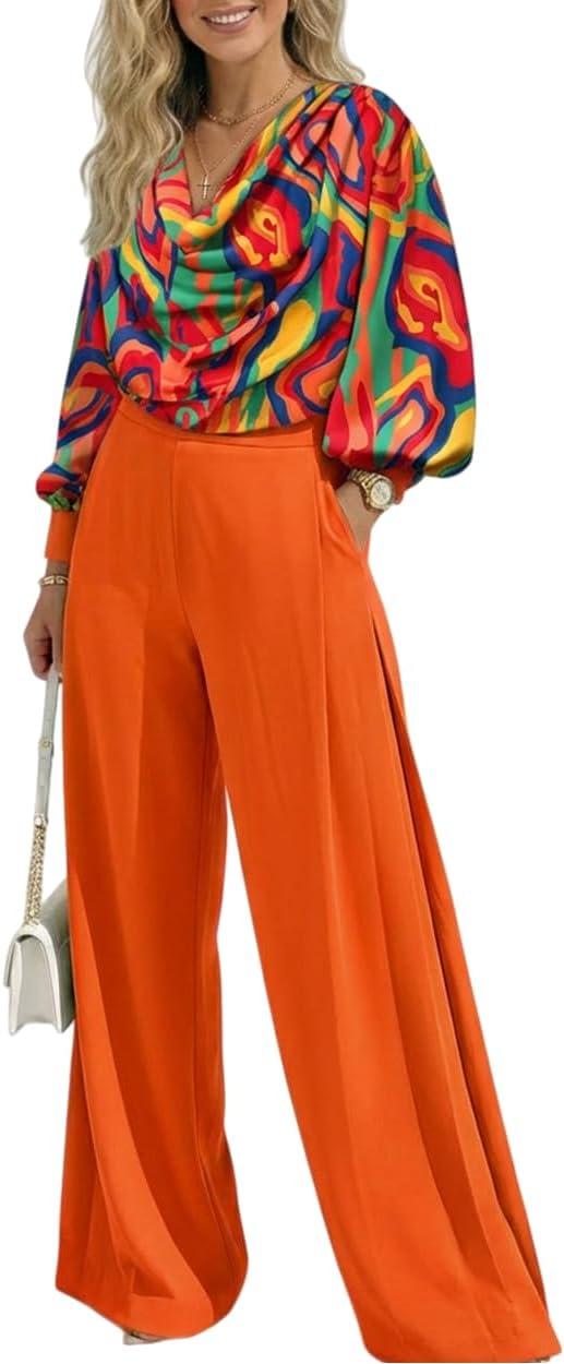 CHICME Women's 2 Pieces Outfit Abstract Print Cowl Neck Lantern Sleeve Crop Top and Wide Leg Pants Set