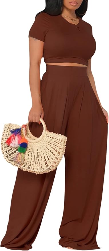 Todtan store Women's Casual Summer 2 Piece Outfits Short Sleeve Crop Top Wide Leg Pants Set Jumpsuits
