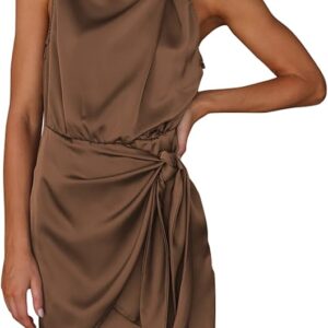 PRETTYGARDEN Women's Short Formal Satin Dress Summer Sleeveless Mock Neck Tie Waist Cocktail Party Dresses