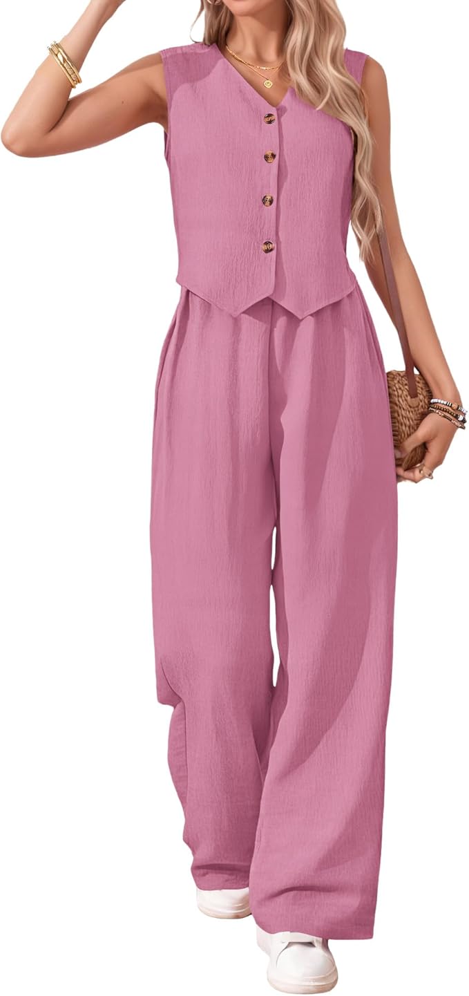 MOLERANI Womens 2 Piece Sets Summer Casual Linen Button V Neck Vest Blazer Wide Leg Pants Suits