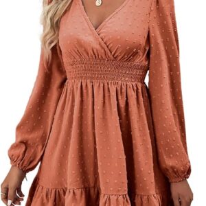 Rooscier Women's Wrap V Neck Swing Ruffle Swiss Dots Long Sleeve Mini Dress