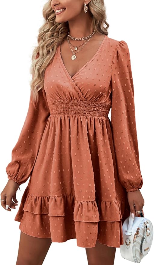 Rooscier Women's Wrap V Neck Swing Ruffle Swiss Dots Long Sleeve Mini Dress