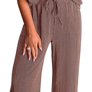 KIRUNDO 2 Piece Sets for Women Dressy Casual Ribbed Knit Short Sleeve Tops Wide Leg Pants