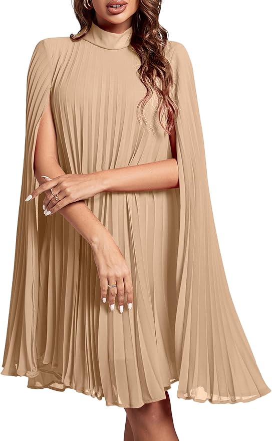 Rooscier Women's Mock Neck Cloak Sleeve Pleated Keyhole Back Flowy Party Midi Dress