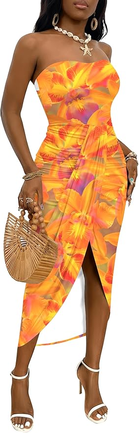 Umenlele Women's Strapless Ruched High Waist Wrap Split Asymmetrical Beach Maxi Long Dress